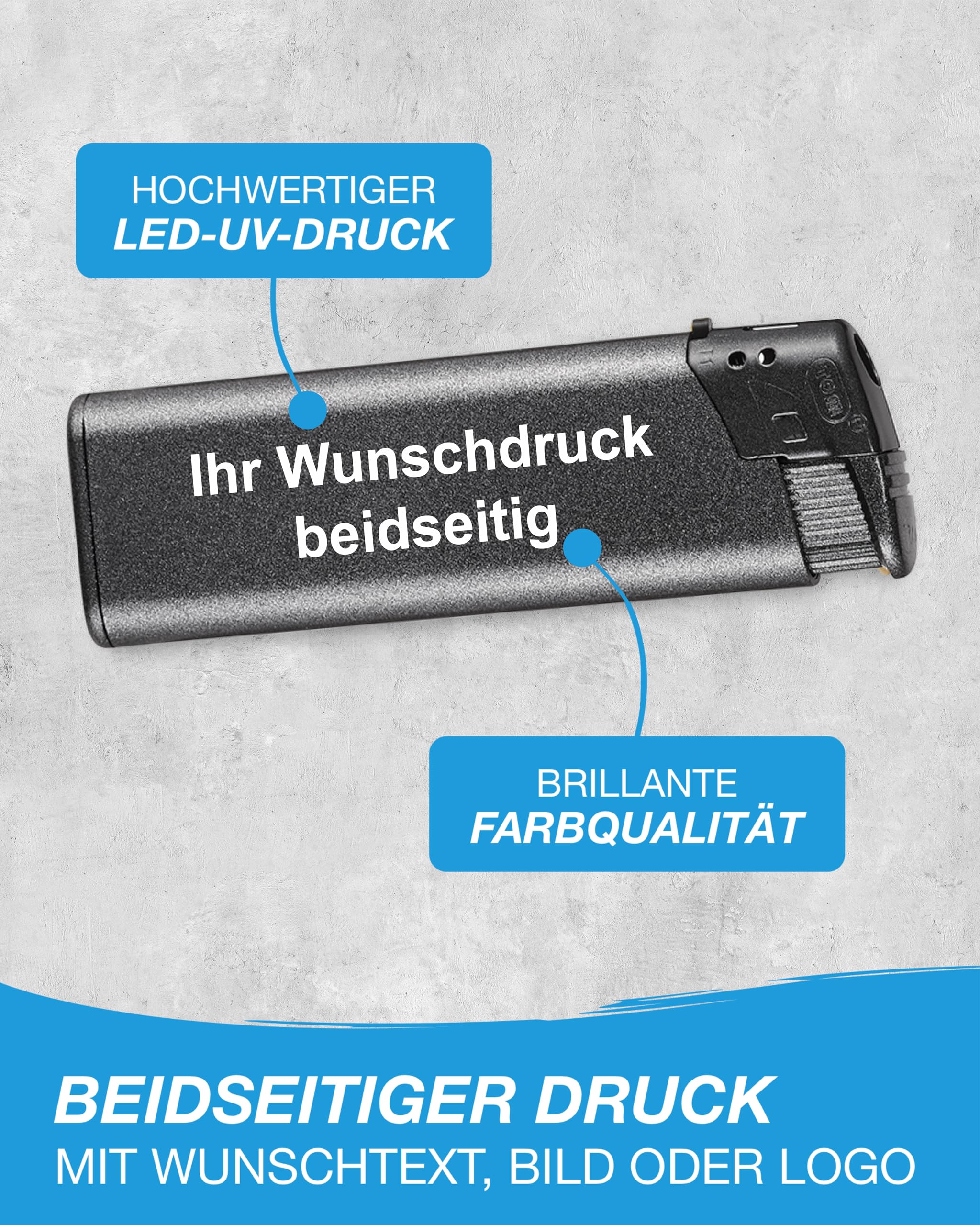 Elektronik Feuerzeug mit Textdruck – personalisierbar – Druck beidseitig – Schlichtes und modernes Gasfeuerzeug – ideale Geschenkidee für Alltag und Beruf (SCHWARZ,100)