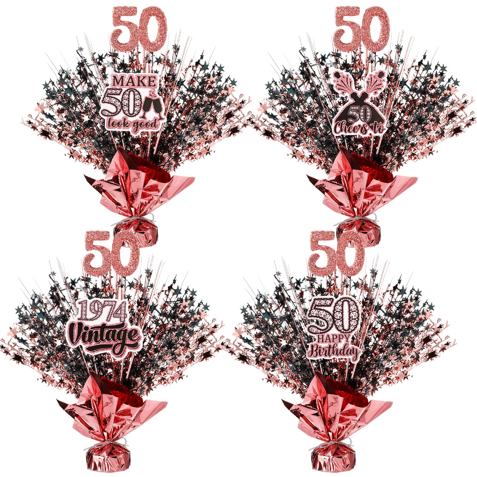 XunYee 4 Set Womans 50th Birthday Table Decorations Black Rose Gold Metallic Star 50th Birthday Decorations for Her Wedding Anniversary Centerpiece