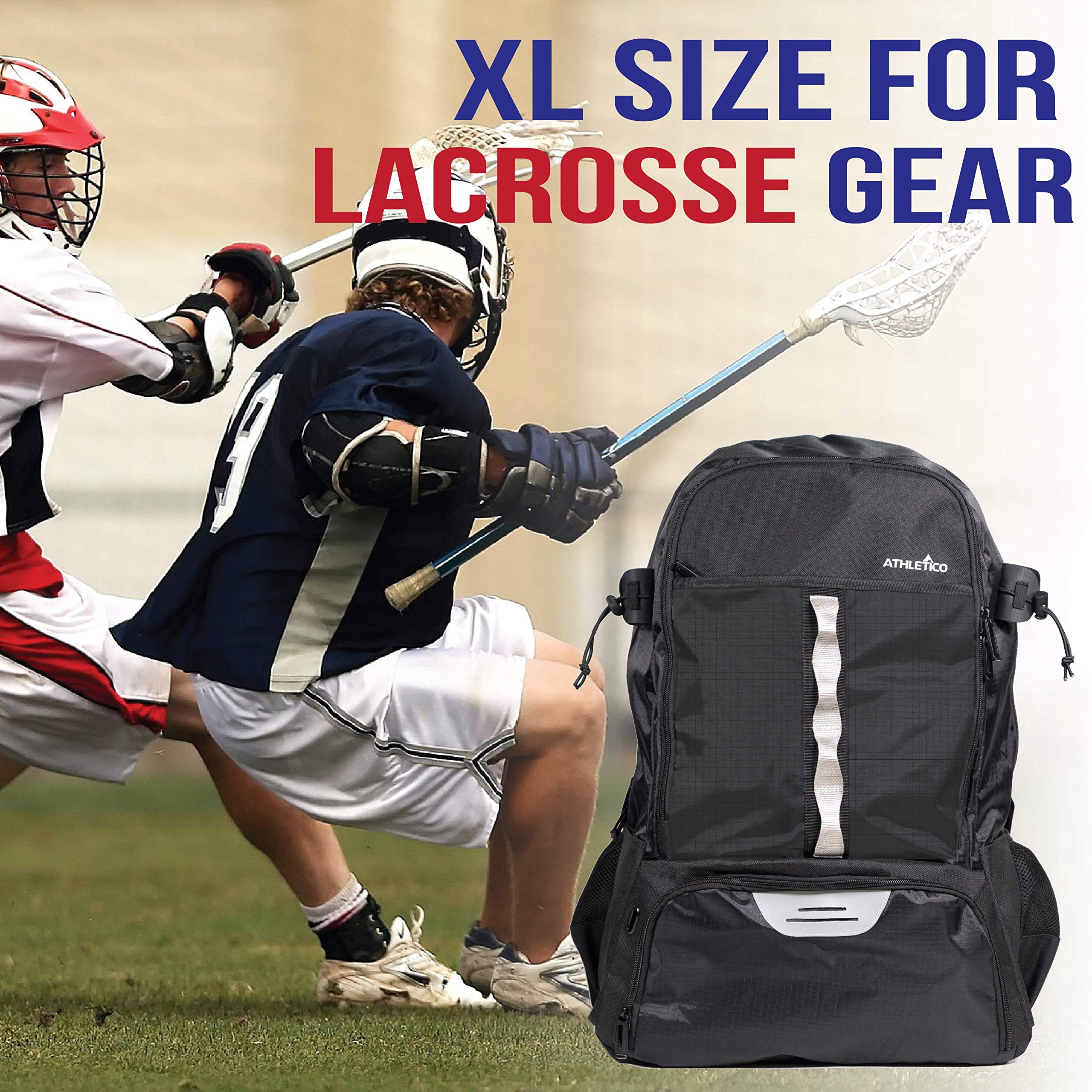 Athletico Bolsa de Lacrosse – Mochila de Lacrosse Extra Grande – Capacidad para Todos los Equipos de Lacrosse o Hockey sobre césped – Dos Soportes para Palos y Compartimento Separado para Tacos