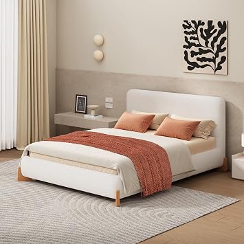 Merax Queen Bed Frame and Headboard, Boucle Upholstered Bed Platform Bedframe, No Box Spring Required, Easy Assembly, White