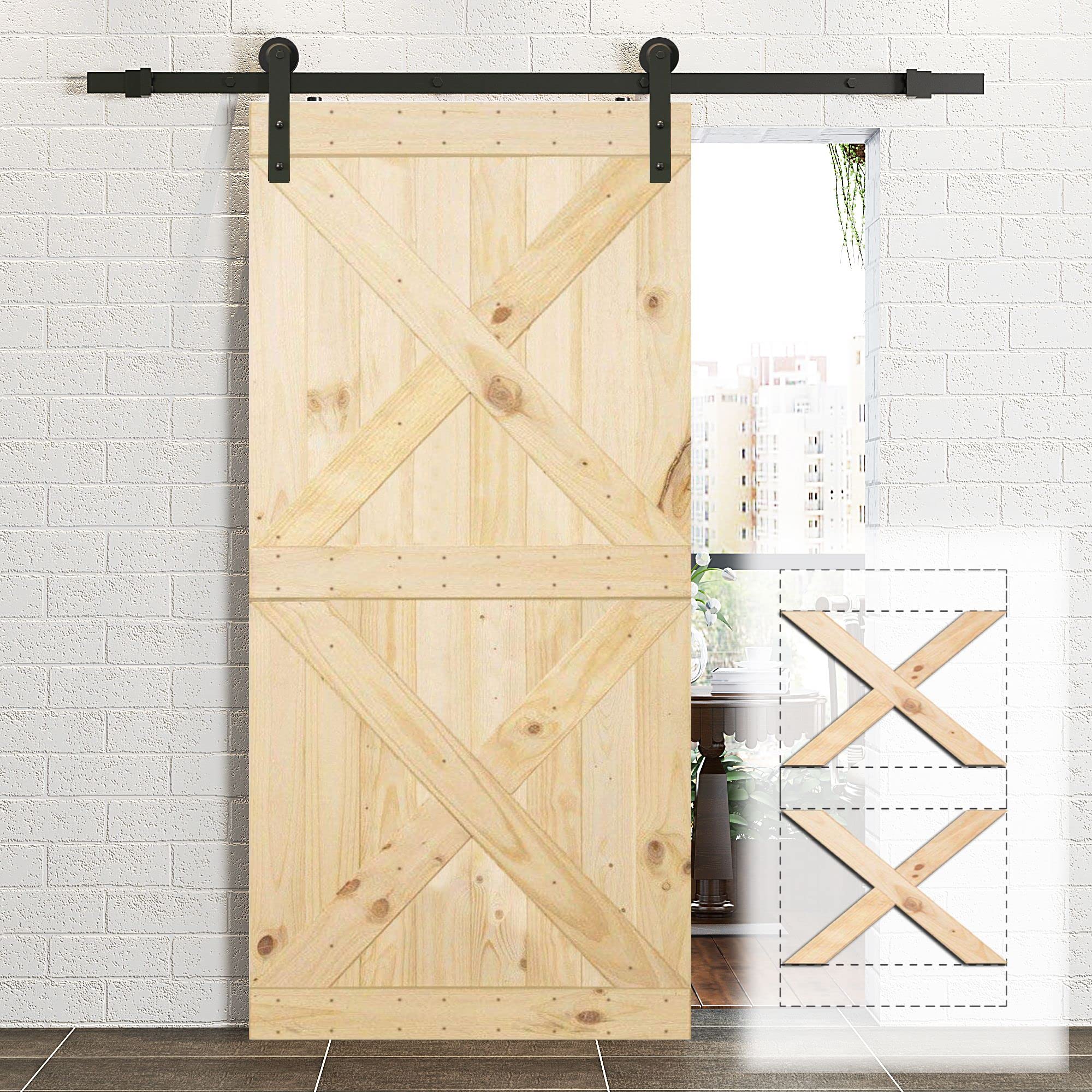 HOMACERSliding Barn Door Hardware Standard Single Door Kit, 4FT Flat Track Straight Design Roller, Black Rustic Heavy Duty Interior Exterior Use 30in x 84in Frameless HOMDRAE3084-SD