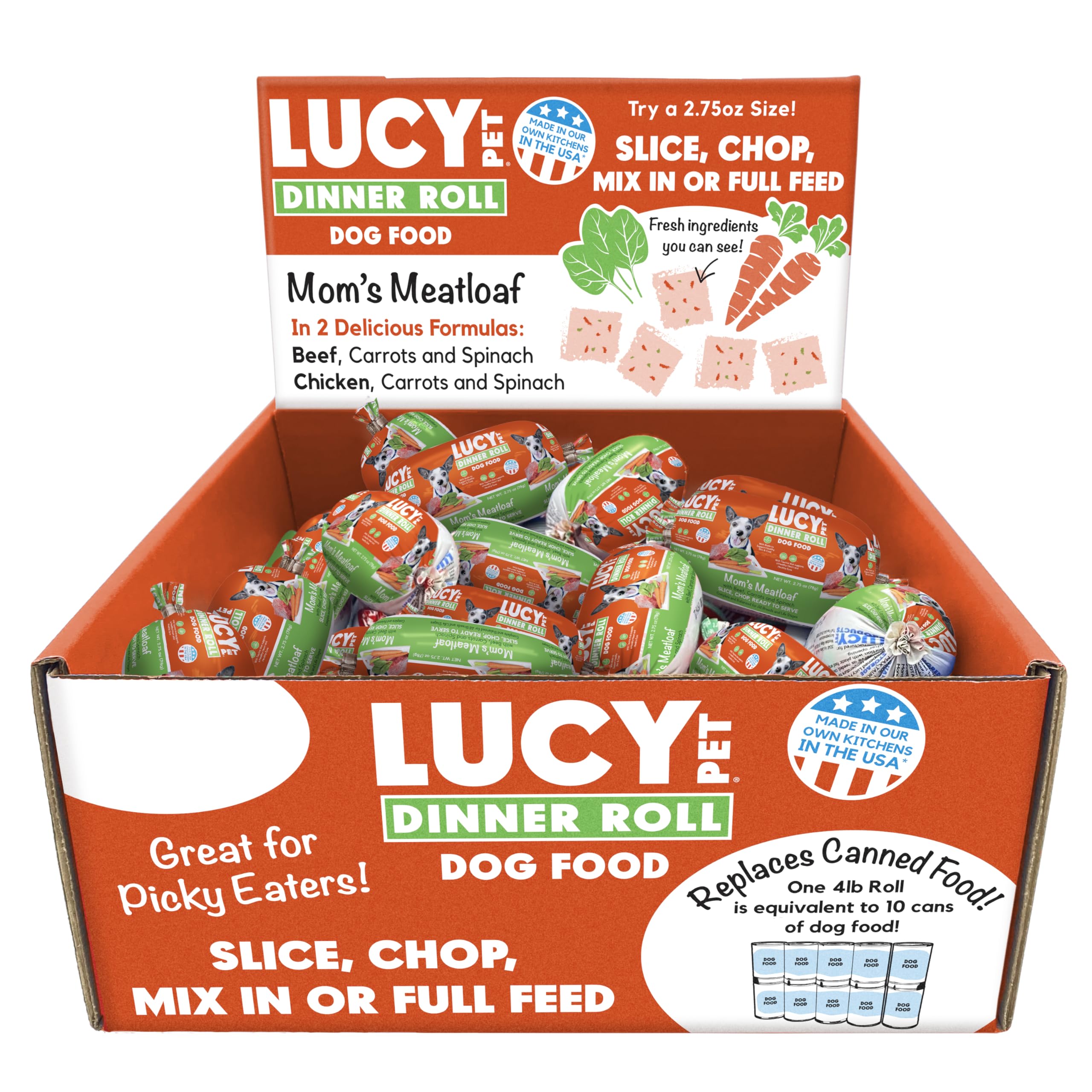 Lucy Pet Dinner Rolls-Mom's Meatloaf Beef with Carrots and Spinach 2.75oz/36 ct. Box