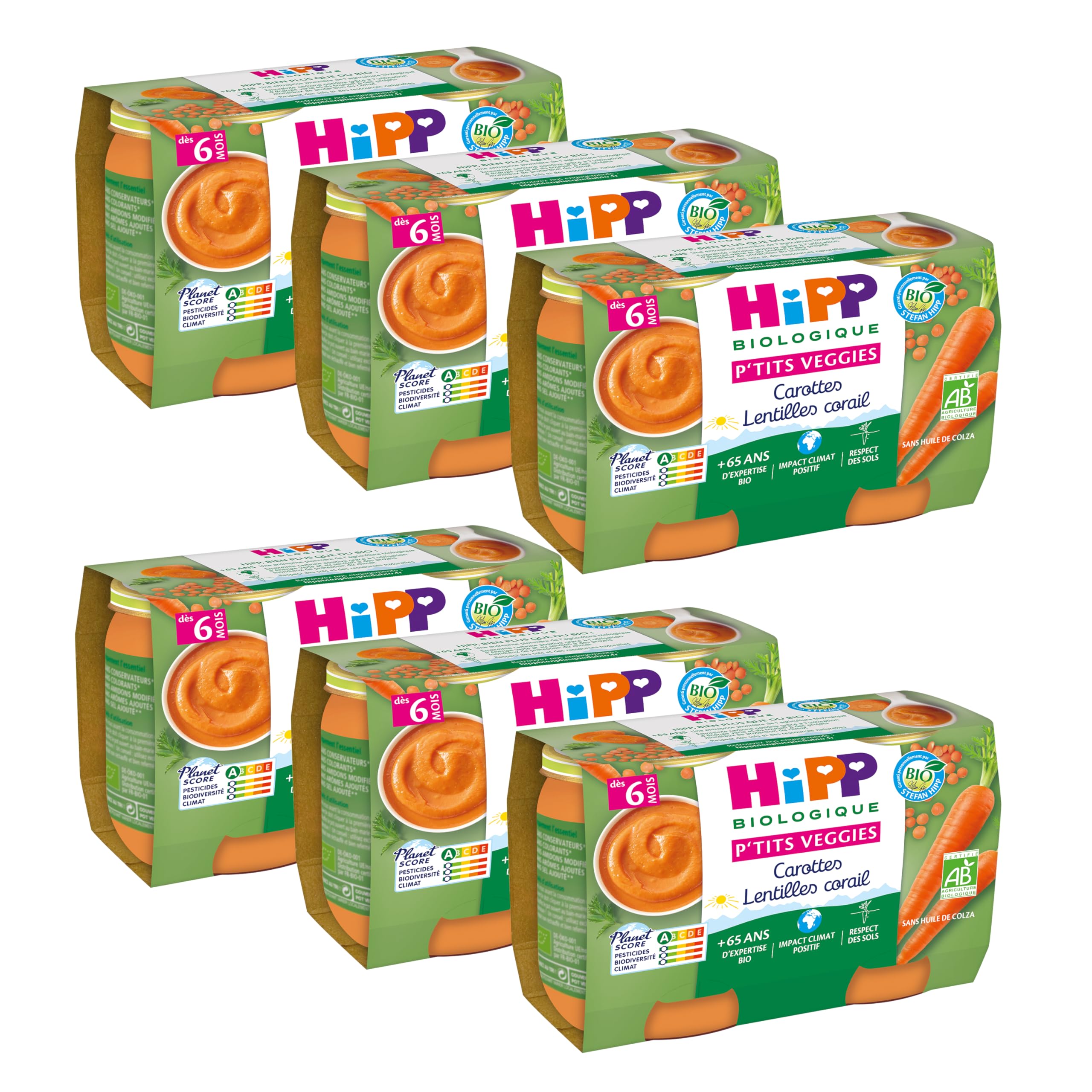HiPP - P'tits Veggies - Carottes Lentilles Corail - Pots 2x125g - Lot de 6 - BIOLOGIQUE