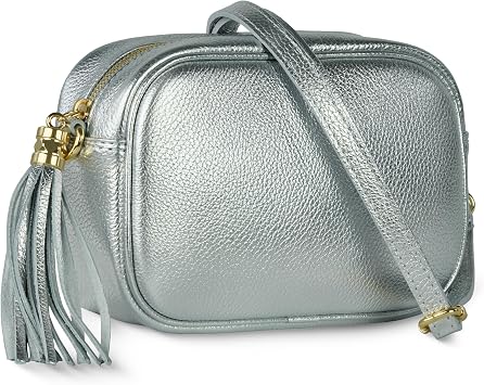 Italian Metallic Full-Grain Leather Crossbody Bag for Women Silver