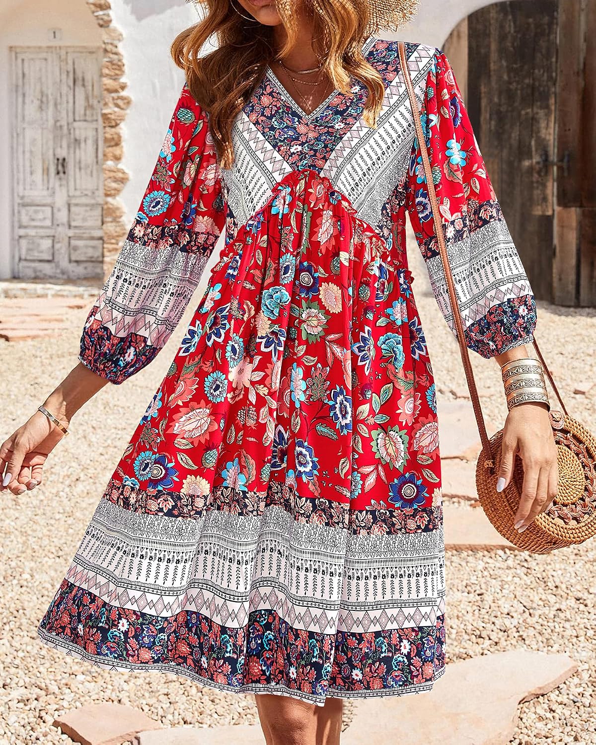BTFBM Women Casual Spring Summer Dresses V Neck 3/4 Long Sleeve Ruffle Floral Flowy Boho Babydoll Mini Short Beach Dress thumbnail