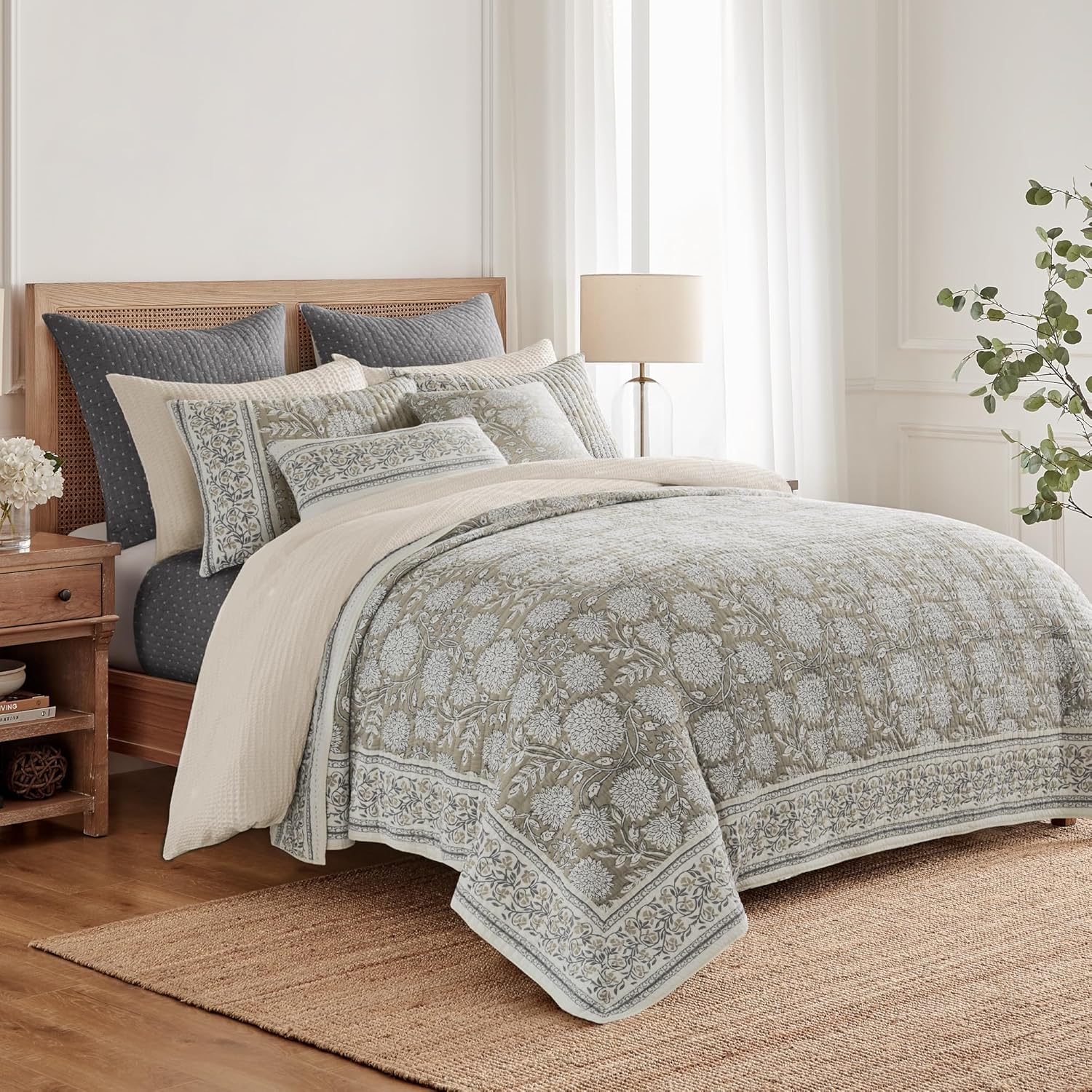 Levtex Home Adare Taupe Reversible Full/Queen Quilt Set (88x92in) and 2 Pillow Shams (26x20in) - Floral Bedding - Taupe White - Cotton Full/Queen Size Quilt Bedding Set - Lightweight, Soft, Pre-Washed Full/Queen Quilt Taupe