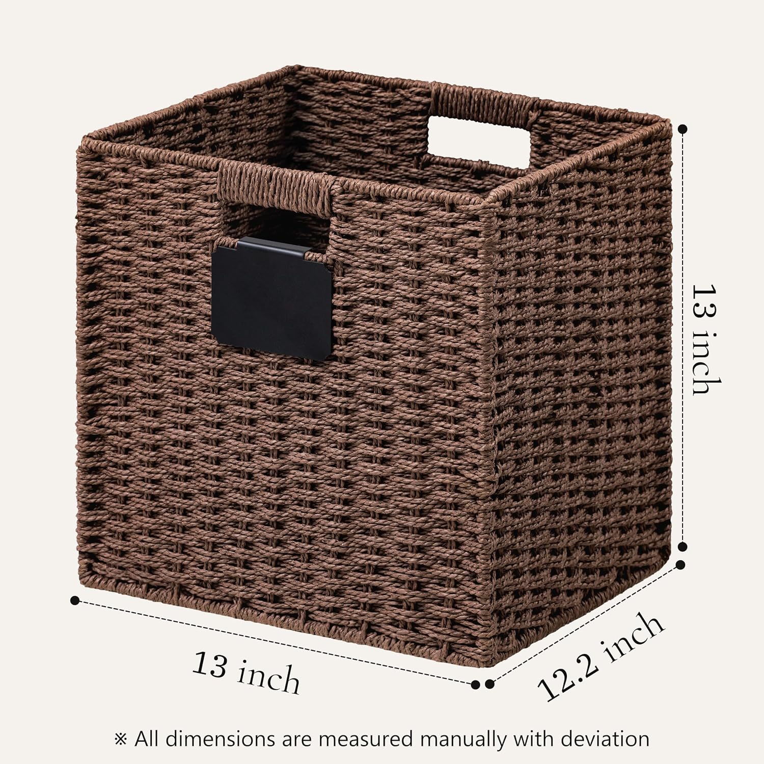 ubbcare 4 pack wicker basket, 13×13 storage cubes with label, foldable cube storage bin with handle, square storage basket for shelves, woven paper rope basket for organizing, brown 4pack-13l×13h×12.2w brown