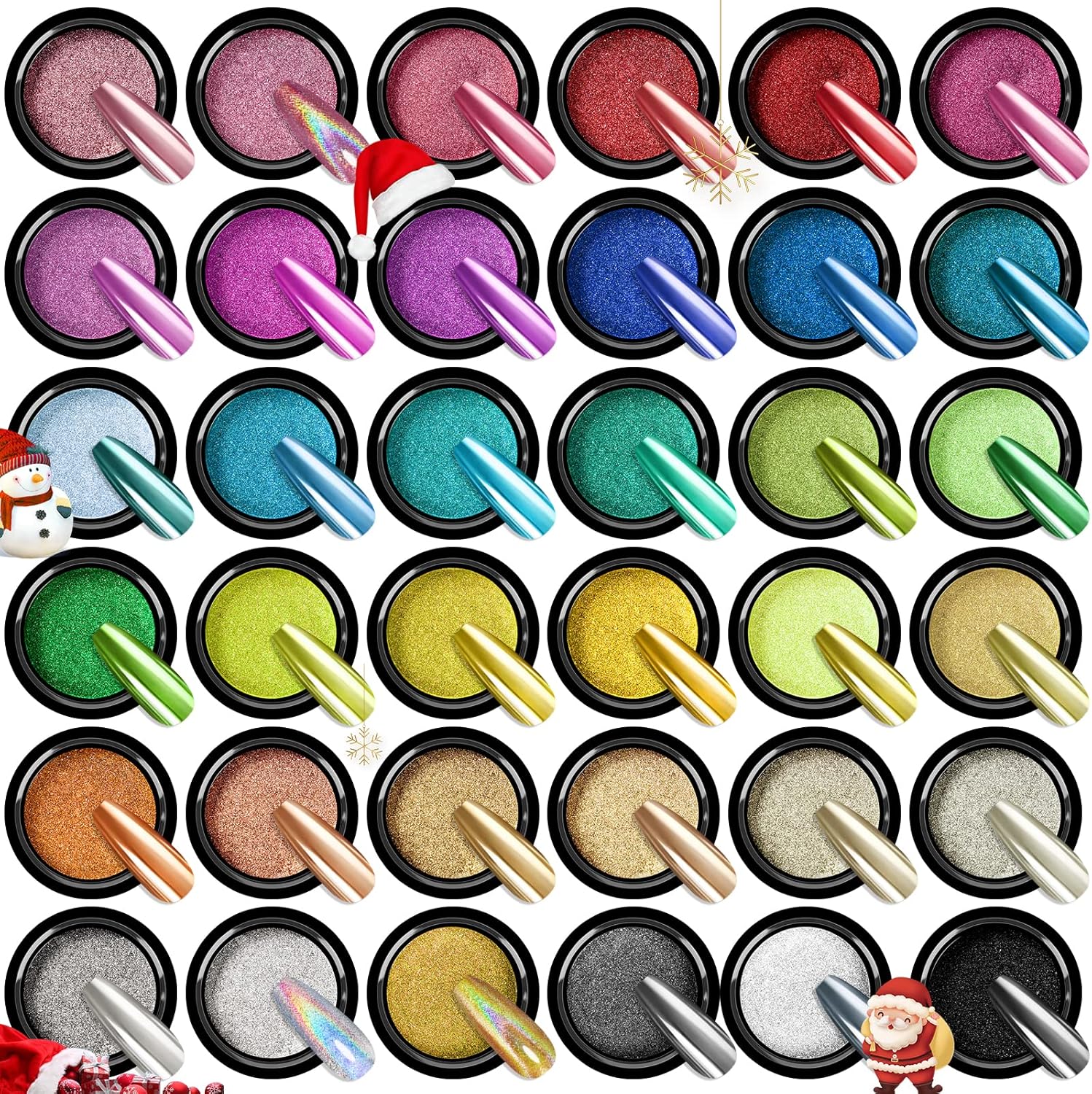 SAVILAND Chrome Nail Powder Set: 36 Colors Metallic Mirror Effect Holographic Chrome Nail Powder Iridescent Chameleon Pigment Manicure DIY Nail Art Decoration Glitter Dust with Sponge Brushes Home Use