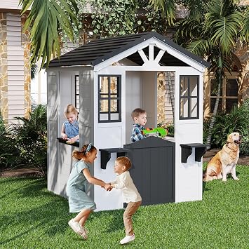 Wooden Play House for Kids, Wooden Play House Outdoor Cottage, Cedar Woodens Kids Playhouse Cottage, Toddler Outdoor Playhouse Vinyl Roof With Play Kitchen