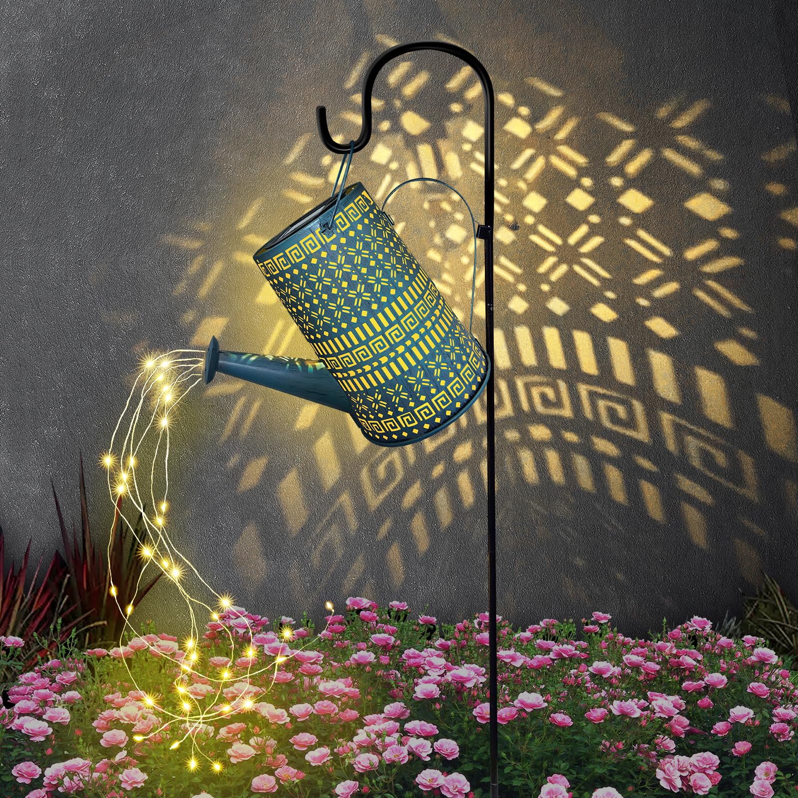 Larekook Solar Outdoor Watering Can Lights Decorative Path Lights, Metal Glass Solar Powered Garden Waterfall Decor Ornament for Yard Lighting Outside