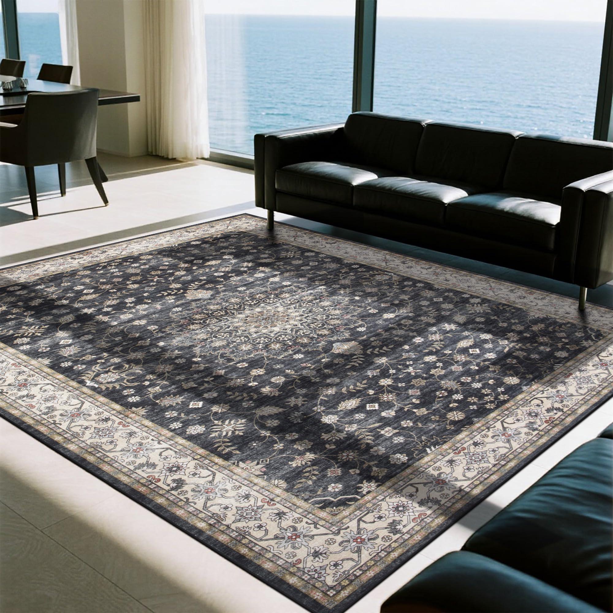 8x10 Washable Area Rugs for Living Room,Bedroom,Dining Room- Classic Black | Traditional,Ultra Soft Faux Wool,Kids & Pet Friendly,Machine Washable,Non-Slip & Non-Shedding,Large Low Pile Vintage Carpet