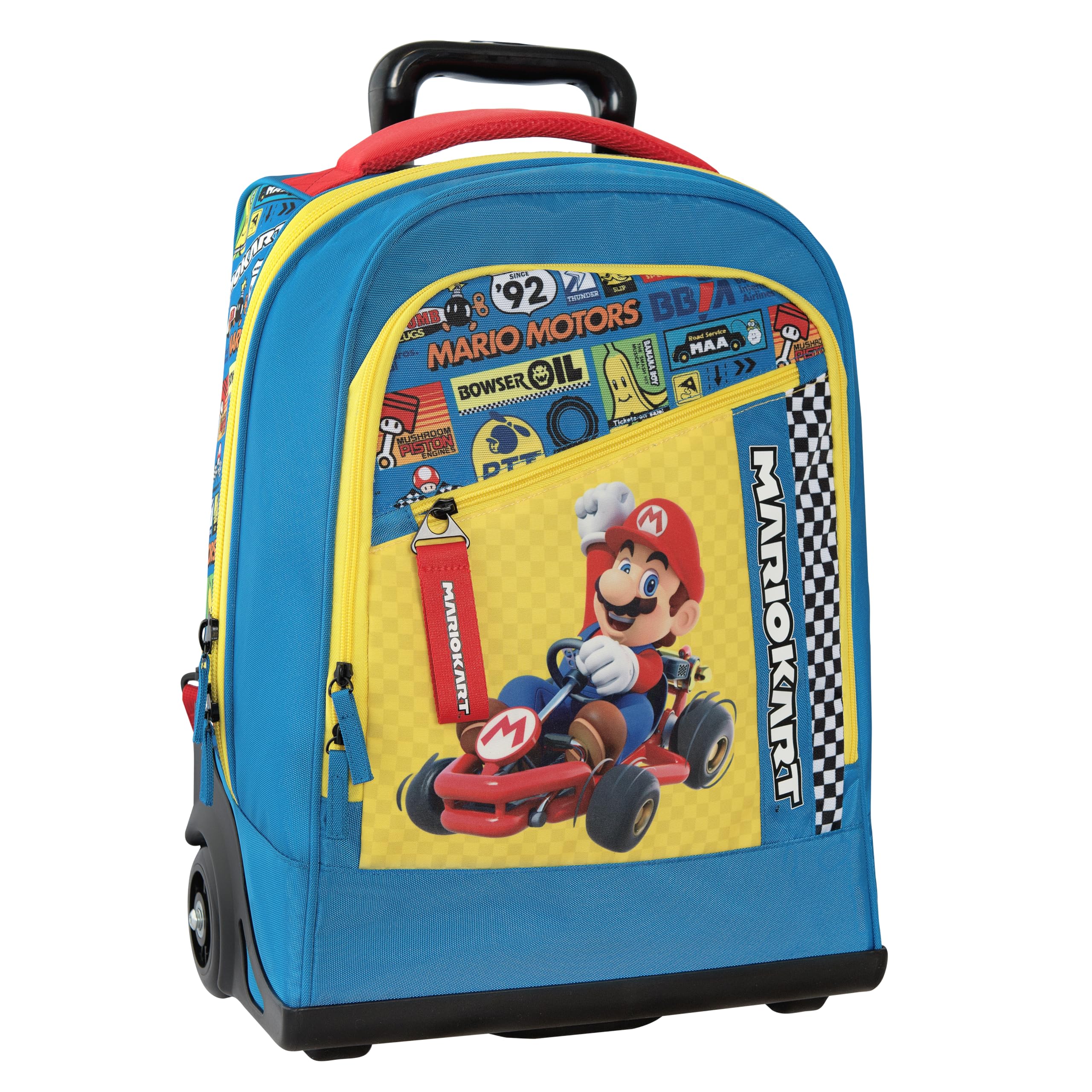 Franco Cosimo Panini Turquesa Mario Kart - Mochila Escolar Con Ruedas Reemplazables, Asa Ajustable, 2 Compartimentos Principales, Bolsillo Frontal, Correas Acolchadas Y Ajustables, 36 X 47 X 23 Cm, 36X23x47, Casual