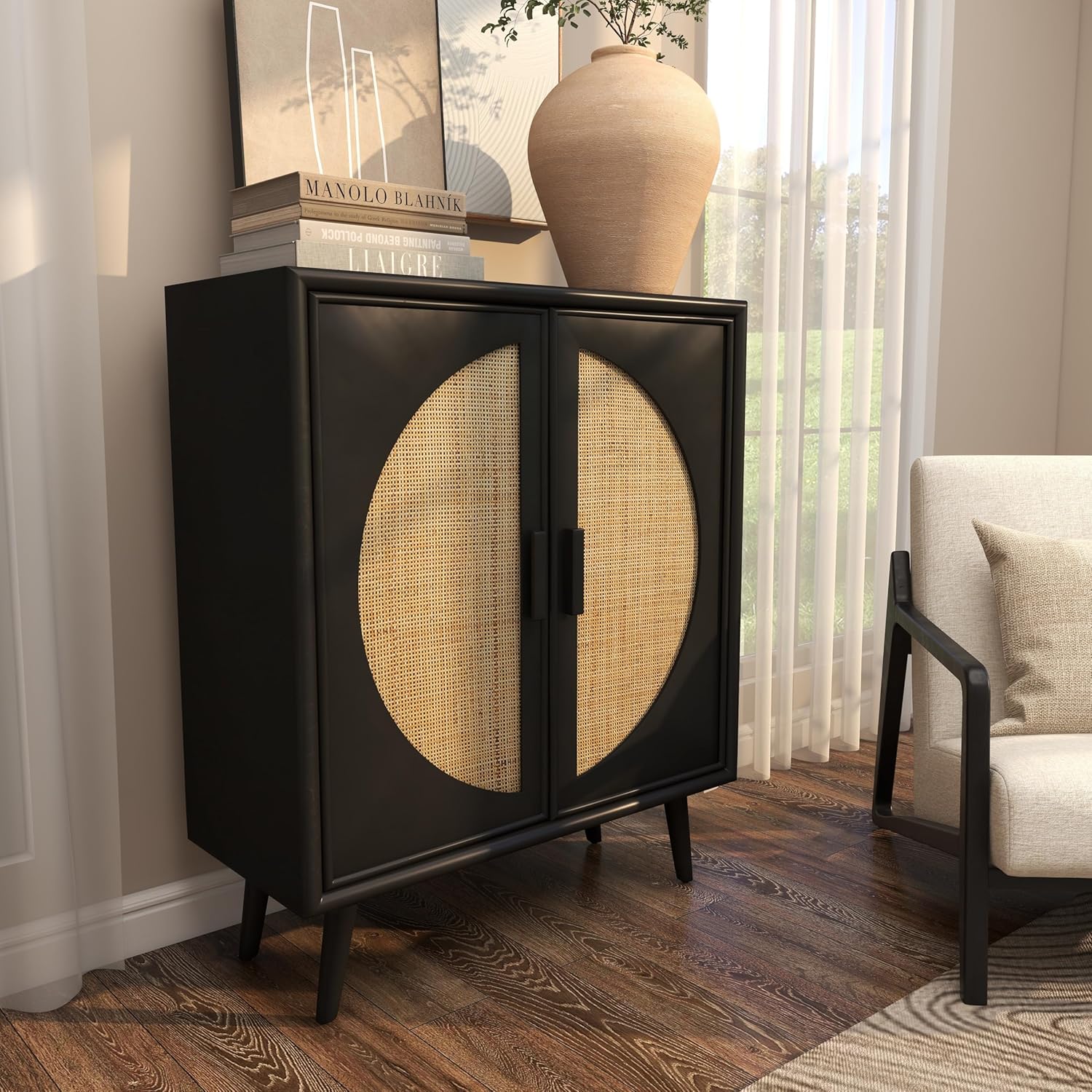 Black and Cane Wood Geometric Office Storage Cabinet