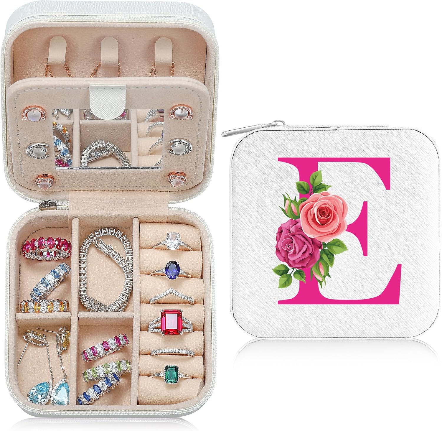 Parima Travel Jewelry Case Box - Flower Prints Travel Jewelry Case Organizer for Necklaces, Earrings, Rings, Nose Rings Jewelry Travel Organizer Birthday Travel Gifts for Women - Letter E, White White-E