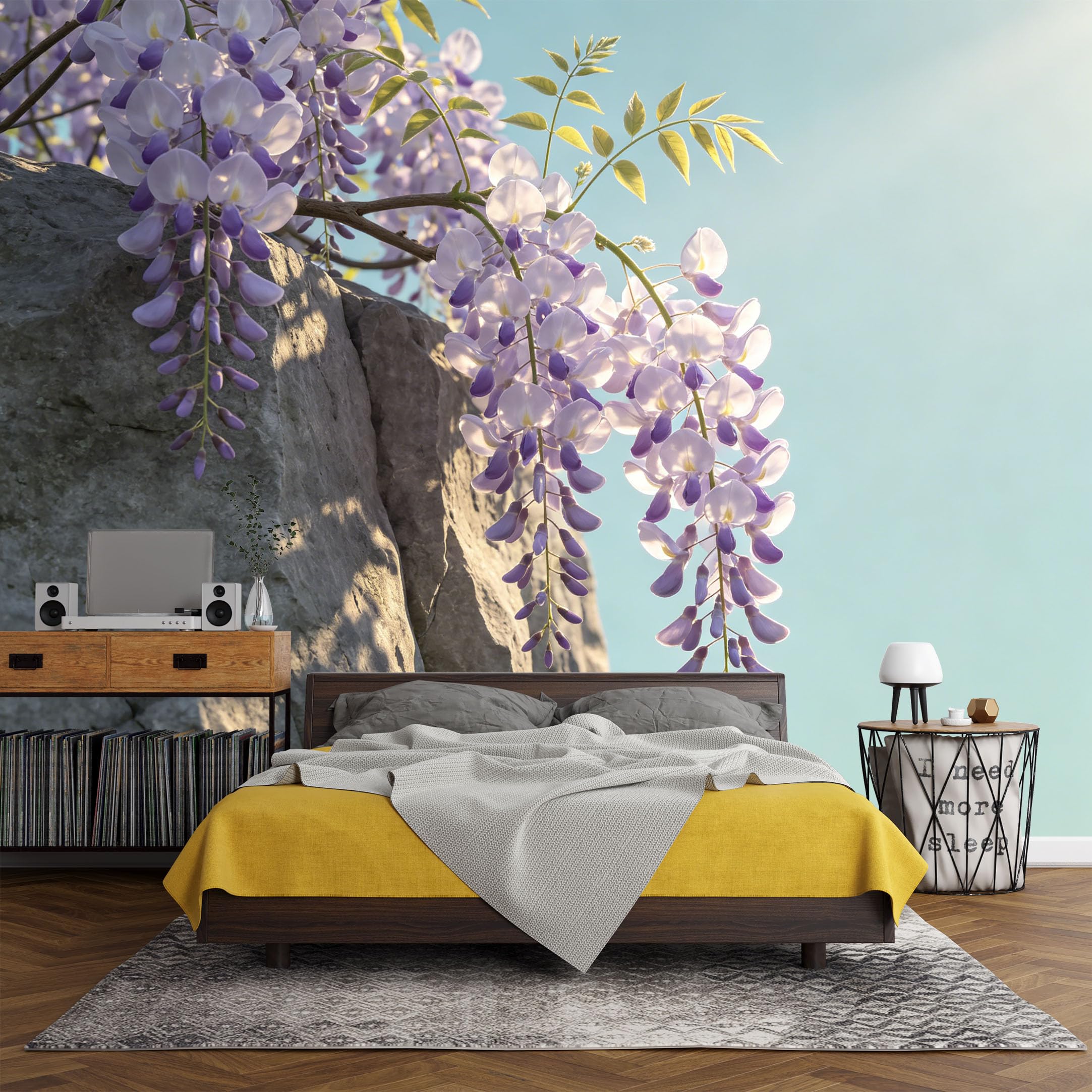 Custom Size Wall Mural Botanical Wisteria Flowers Hanging On Stone Watercolor Modern Mural，SelfAdhesive Art Prints wall Fabric（No PVC） Removable Wallpaper Living Room Decor