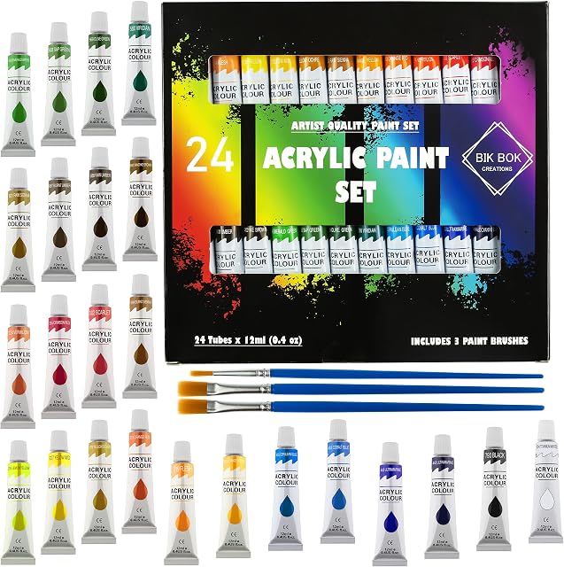Bik bok creations - Acrylic Paint Set for Artists 24 Vibrant Colours Rich Pigmented Non Toxic Paint includes 3 Paint Brushes for Kids, Adults, Beginner & Professional Artists 24 x 12ml 0.4 oz