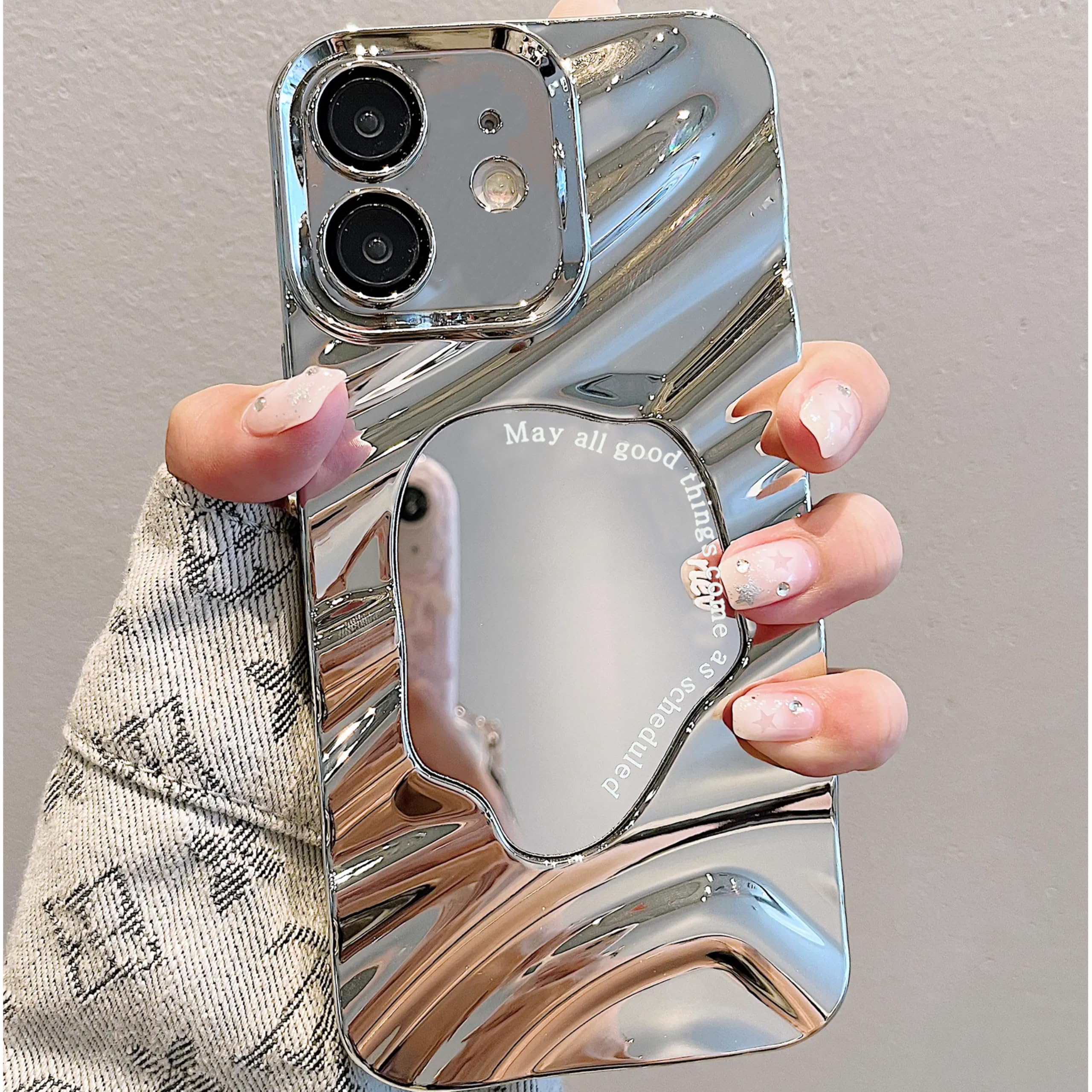Photo 1 of Mephoro Mirror Case for iPhone 16 Pro Max, Built-in Make up Mirror, Water Ripple Pattern, Fashion Luxury Plating, for Women and Girls, Soft Flexible Wave Frame Shap, Silver