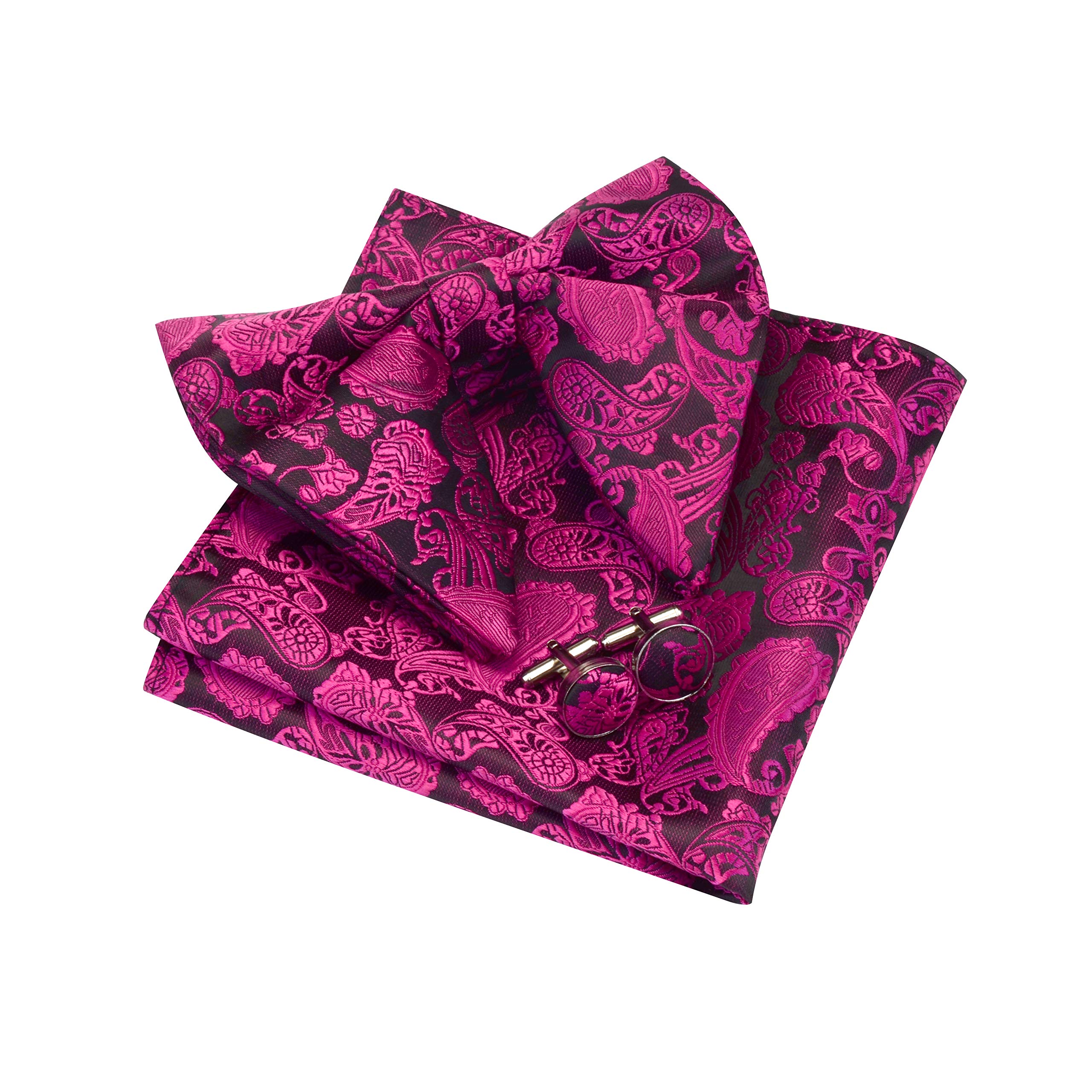 Gusleson Men's Rose Red Bow Tie Paisley Bowtie And Pocket Square Cufflink Set Pre-Tied Bow Ties For Wedding (0613-14)