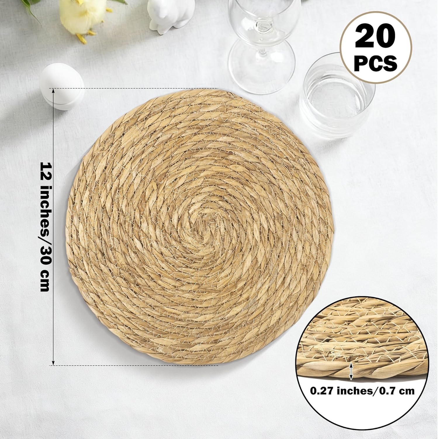 Elcoho 20 Pieces Round Woven Placemats 12 Inch Boho Rattan Placemats Farmhouse Braided Place Mats Woven Plate Chargers Rustic Wicker Table Mats for Dining Table