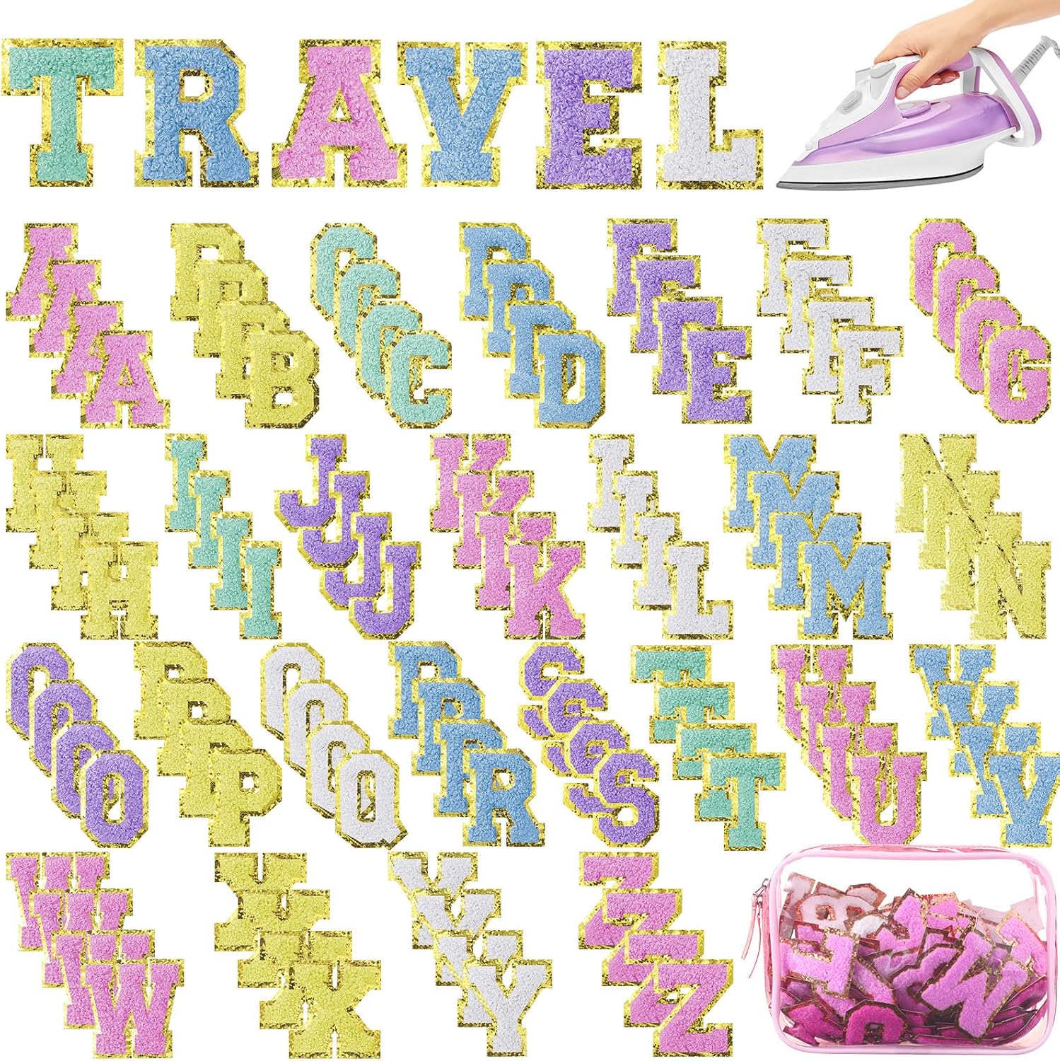 105 Pcs Chenille Letter Patches Self Adhesive Iron on Colorful Chenille Embroidered Patches with Gold Glitter Jean Stickers for Clothing Hat Backpack Bag Jacket (Multicolor)