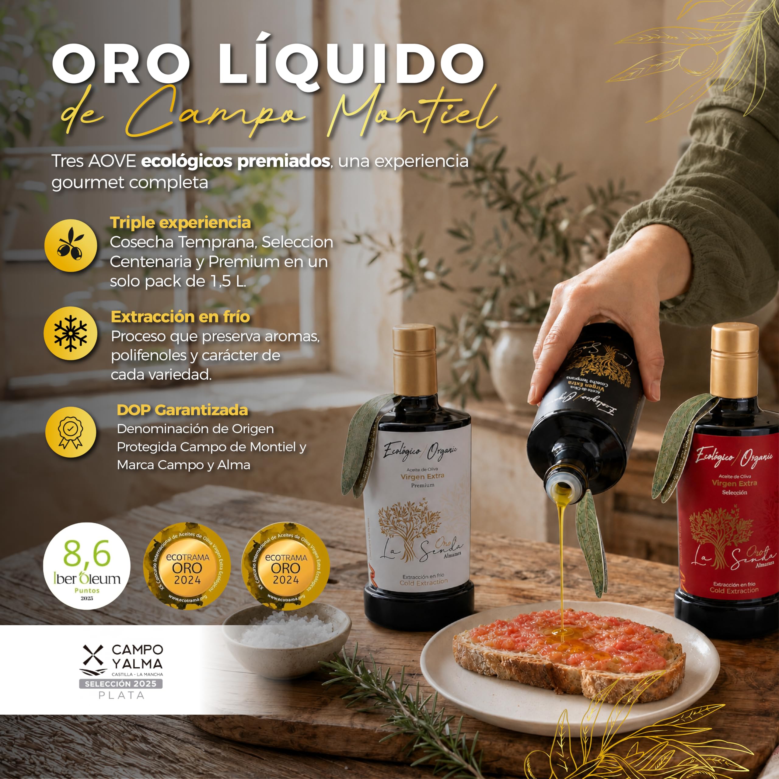 Almazara La Senda Pack 3 Aceite De Oliva Virgen Extra Ecológico (1,5 L) - Cosecha Temprana, Selección Centenaria Y Premium | AOVE DOP Campo Montiel, Extracción al Frío | Regalo Gourmet Especial