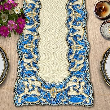 Decozen Beaded Table Runner - Embroidered Kitchen Runners for Dining Coffee Table Scratch Heat Stain Resistant Charger Kitchen Decor Durable - 36 x 13 Inches, White Blue