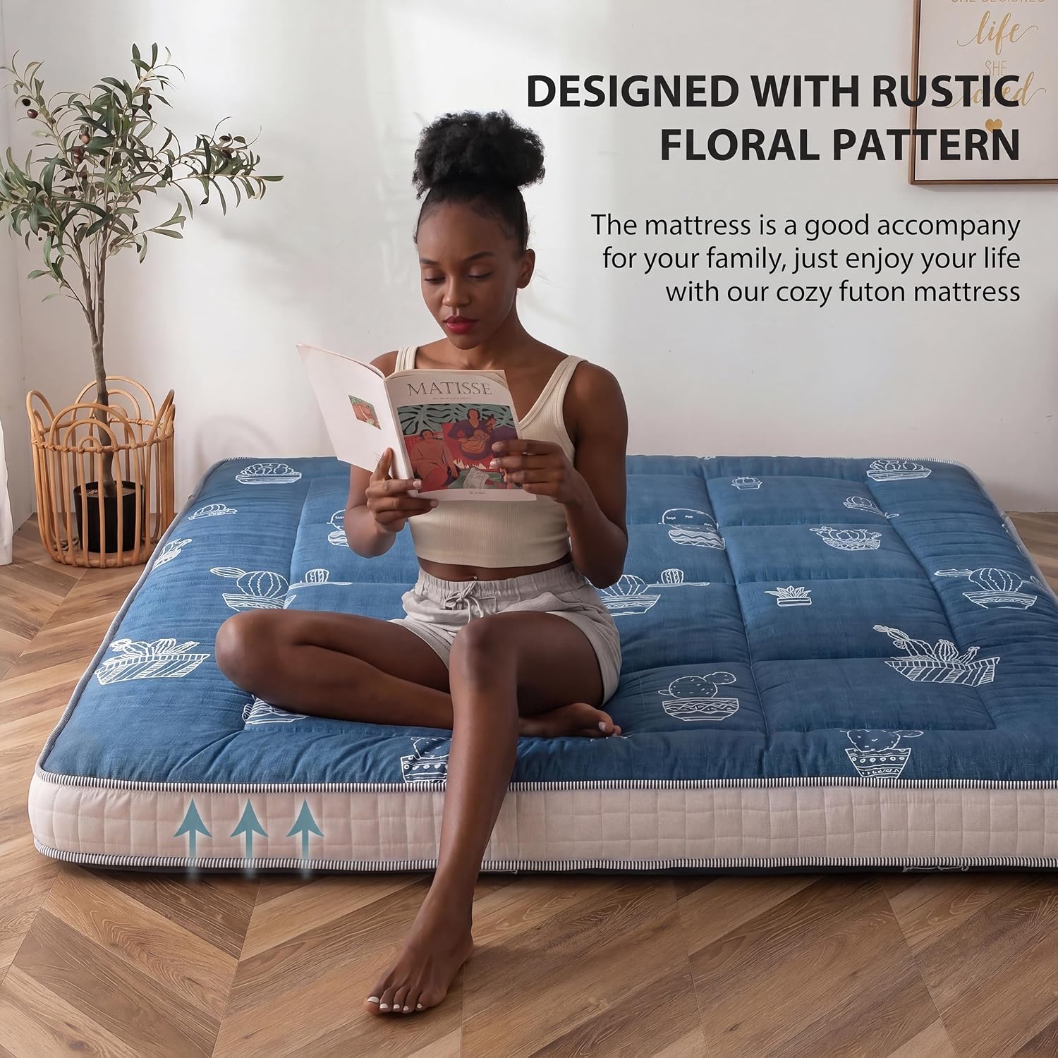 MAXYOYO Grey Cactus Pattern Full Size Futon Mattress, Quilted Bed Mattress Topper, Extra Thick Folding Sleeping Pad, Breathable Floor Lounger, Guest Bed for Camping, Couch