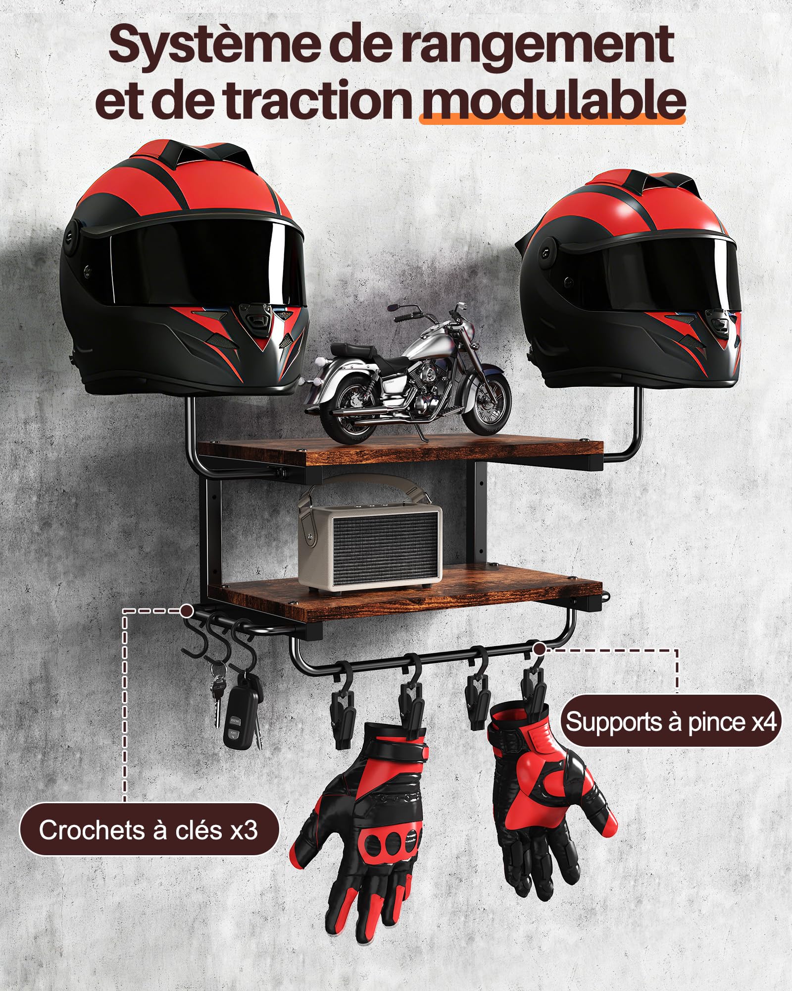 Support Casque Moto pour Accrocher Casquettes et Vestes, Marron