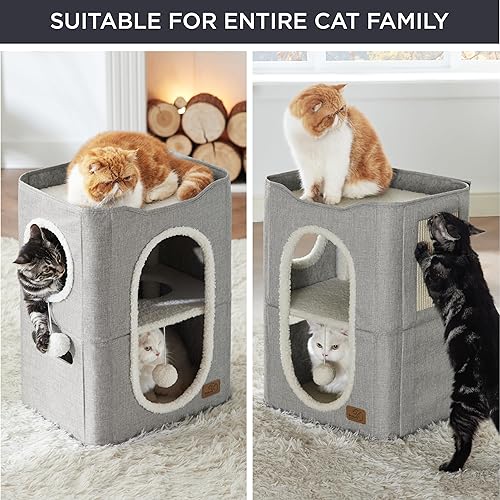 Miniatura 5 de Bedsure Casa para gatos de 2 pisos, condominios para gatos de interior con almohadilla para rascar y colgar bolas esponjosas, muebles pequeños