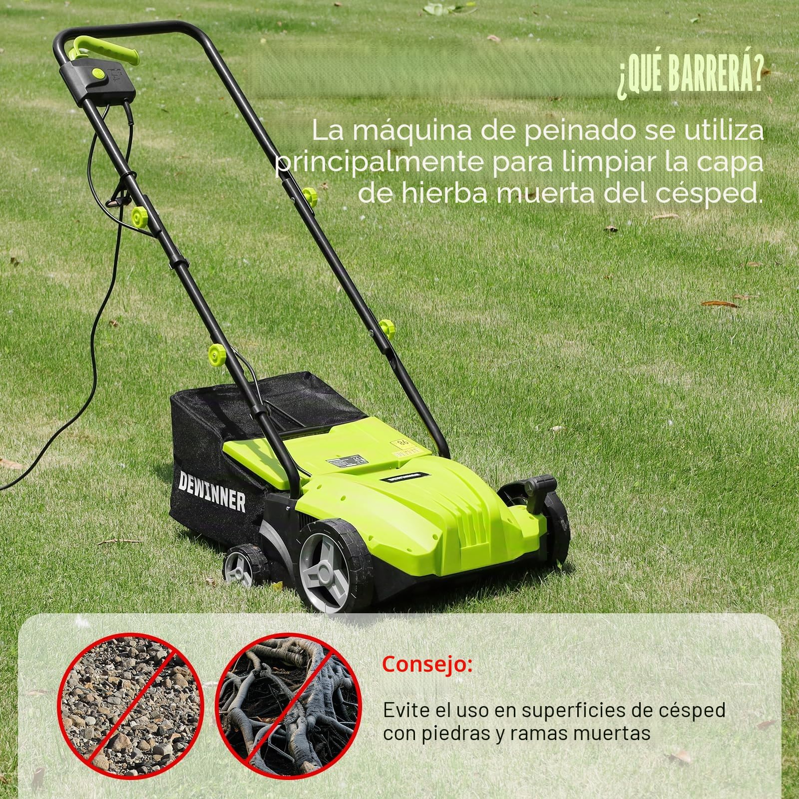 DEWINNER Escarificador eléctrico 2 en 1, aireador de césped 1500W, 32 cm de Ancho de Trabajo, Cesta de Recogida de 30 l, Ajustable en 4 Niveles de -12 Biz + 4 mm