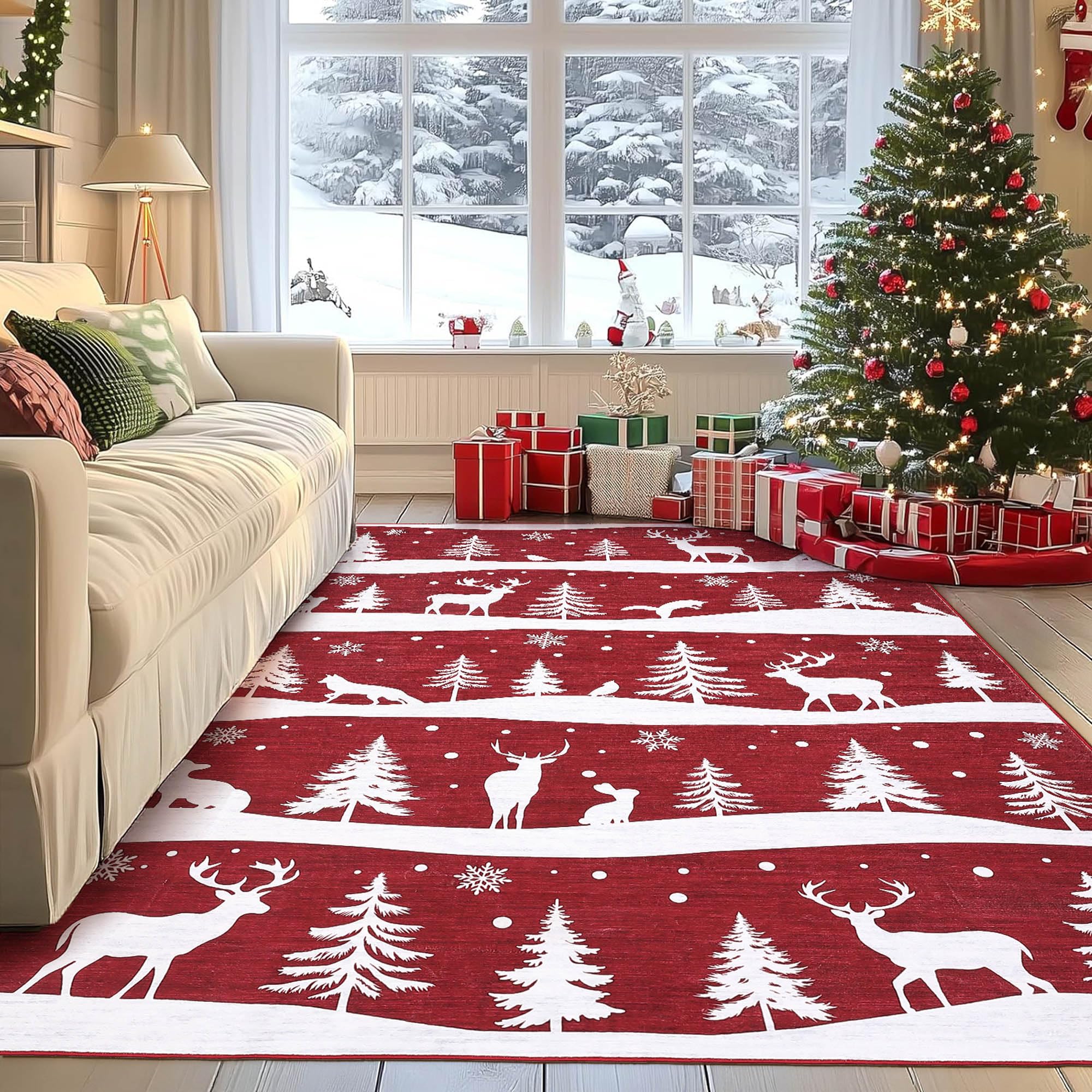 IDEALHOUSE Red 5x7 Area Rugs for Living Room, Washable Rug for Home Decor, Soft Low Pile Christmas Rugs with Xmas Tree Reindeer Snowflake, Indoor Non Slip Carpet for Bedroom, Dining Room