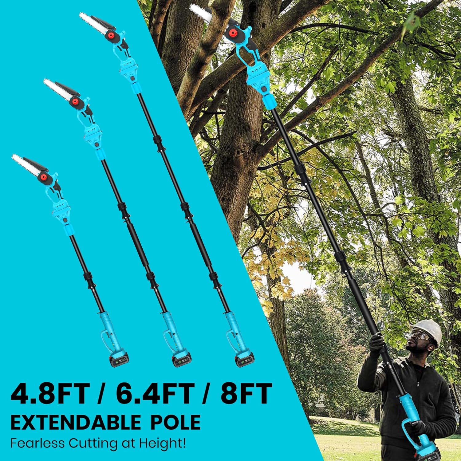 2-in-1 Cordless Pole Saw & 8 Inch Mini Chainsaw with Carrying Bag, 2×21V 3000mAh Rechargeable Batteries, Lightweight (7.3 lbs), 14FT Max Reach Electric Pole Saw for Tree Trimming, Branch Cutter