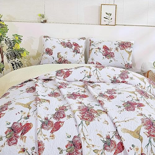 Miniatura 9 de Tache - Juego de colcha acolchada reversible con diseño floral rojo y blanco, diseño de colibríes dorados, color borgoña, marfil, antiguo, granja,