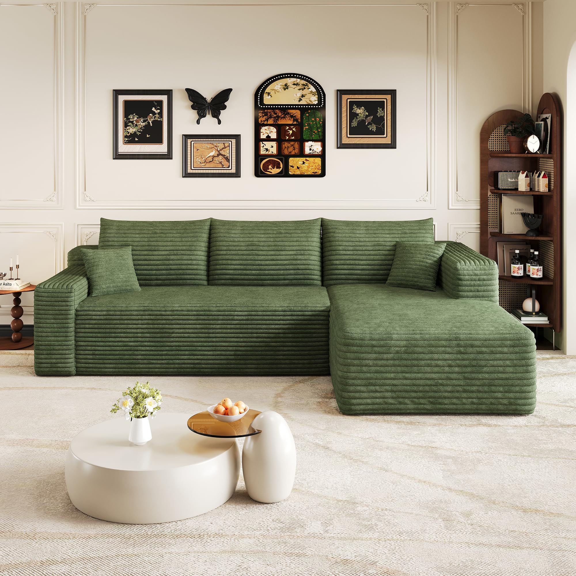 Canapé d'angle Modulaire en L De 241 Cm, Canapé Lit 3 Places, Canapé Bas en Velours CôTelé avec Pouf, Autoportant, sans Montage, pour Salon Et Chambre (Vert, Rechte Chaiselongue)