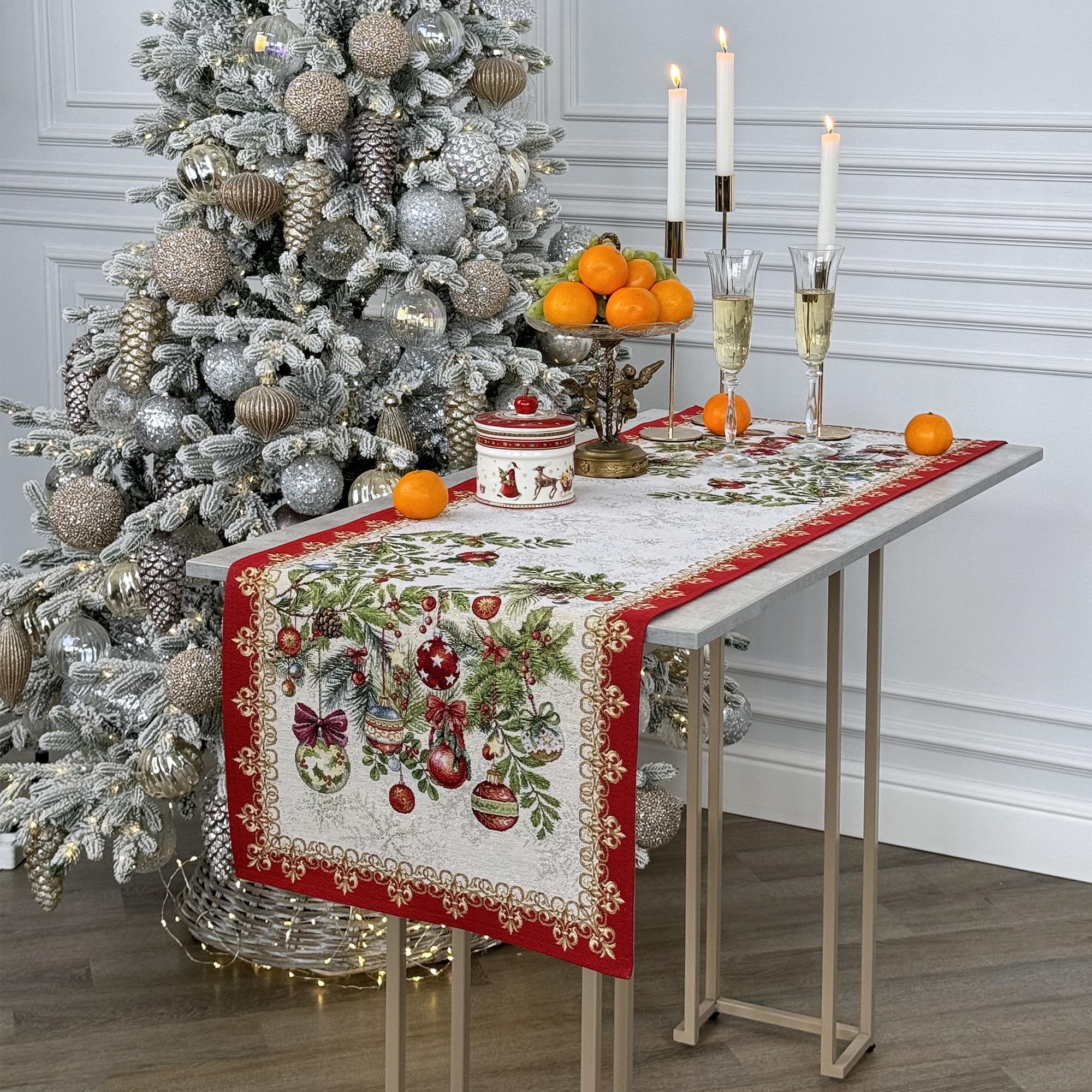 GOBEMÓN Camino de Mesa Navideño de Gobelino/Jacquard (Adornos de Navidad, 44 x 140 cm) con Lurex Dorado