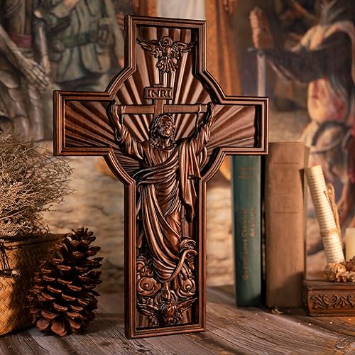 Miniatura 8 de BGCOPPER Cruz de pared de crucifijo hecha a mano con gancho, cruz de Jesús INRI, decoración Wll para iglesia, hogar, habitación, regalos de Navidad