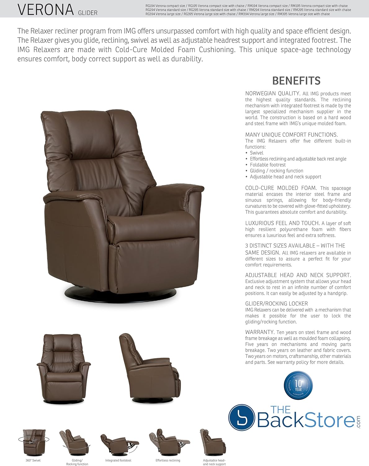 Verona IMG Motorized Swivel Glider Relaxer Recliner Medium Standard Size in Savauge Truffle Leather with USB