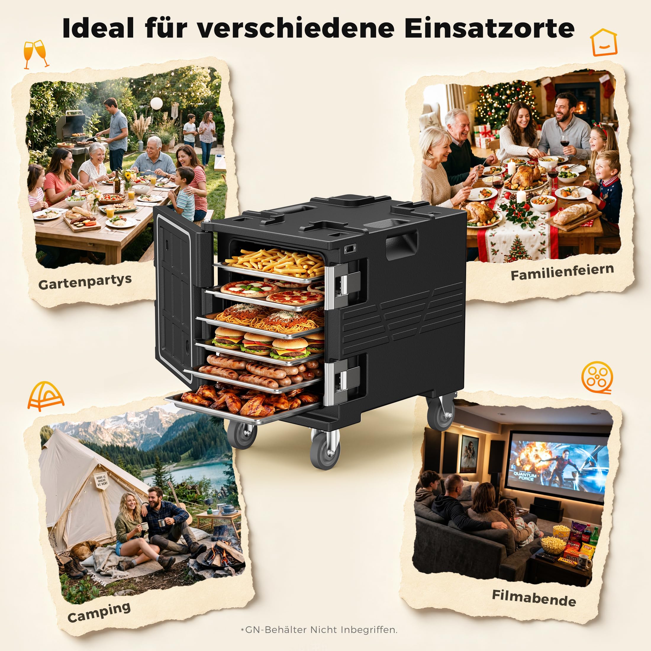 75L Thermobox Frontlader mit Drehrollen, LLDPE Isolierte Transportbox | mit 304 Edelstahlriegel, Warmhaltebox Stapelbar für 5x GN 1/1 Behälter(Nicht), Ideal für Lieferservice und Catering
