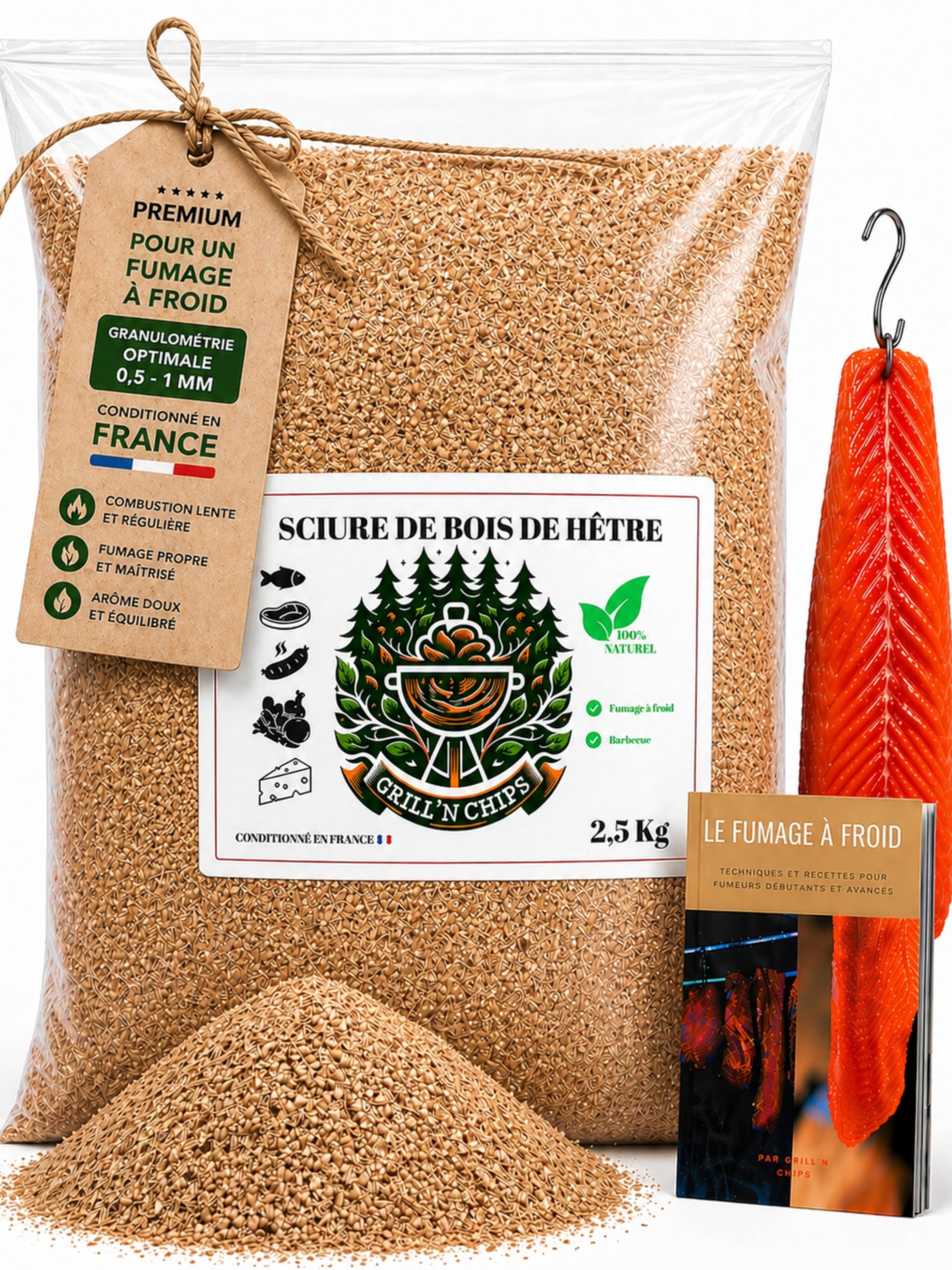 Sciure de Bois de Hêtre 2,5Kg – Qualité Pro pour Fumage à Froid – 100% Naturelle – Granulométrie 0,5-1 mm – Générateur de Fumée, Fumoir Viande & Poisson – Fabriquée en France – Guide PDF à Télécharger