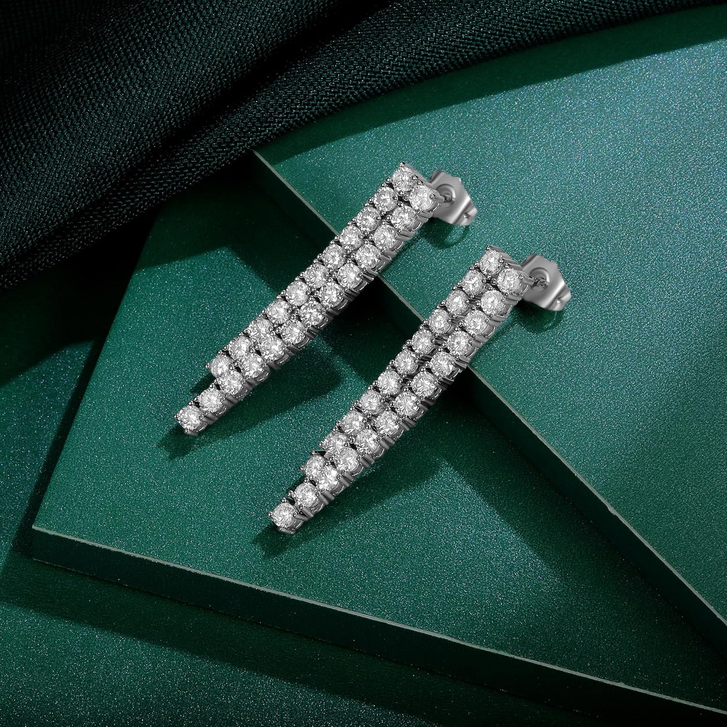 14K White Gold Drop Dangle Earrings, Double Row Linear 3mm Round Cubic Zirconias Tennis Drop Design, 1.7 inch Length - Image 2