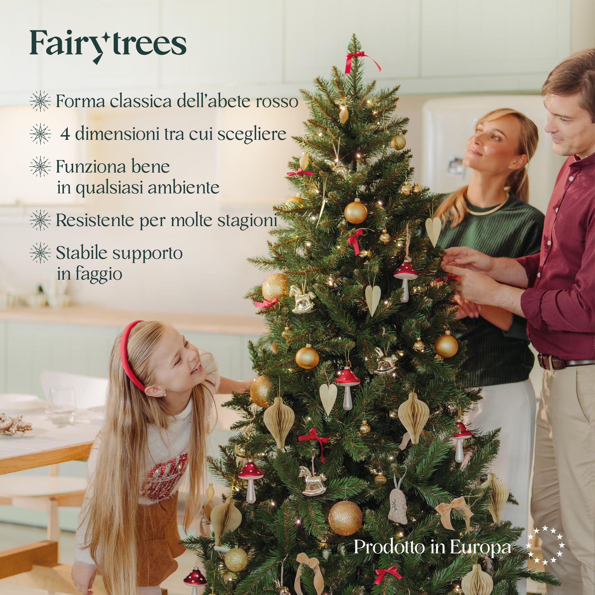 Albero di Natale artificiale FairyTrees 180cm Abete Rosso/Peccio naturale con supporto in legno | Abete di Natale artificiale con tronco verde | Facile da Montare | Prodotto in EU