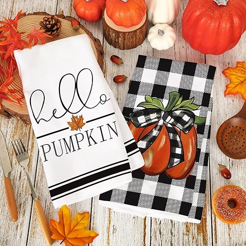 Miniatura 4 de AnyDesign Toalla de cocina Hello Pumpkin Buffalo Plaids Fall Plaids - Toalla de cocina de otoño de 18 x 28 pulgadas, hoja de arce otoñal, calabaza,