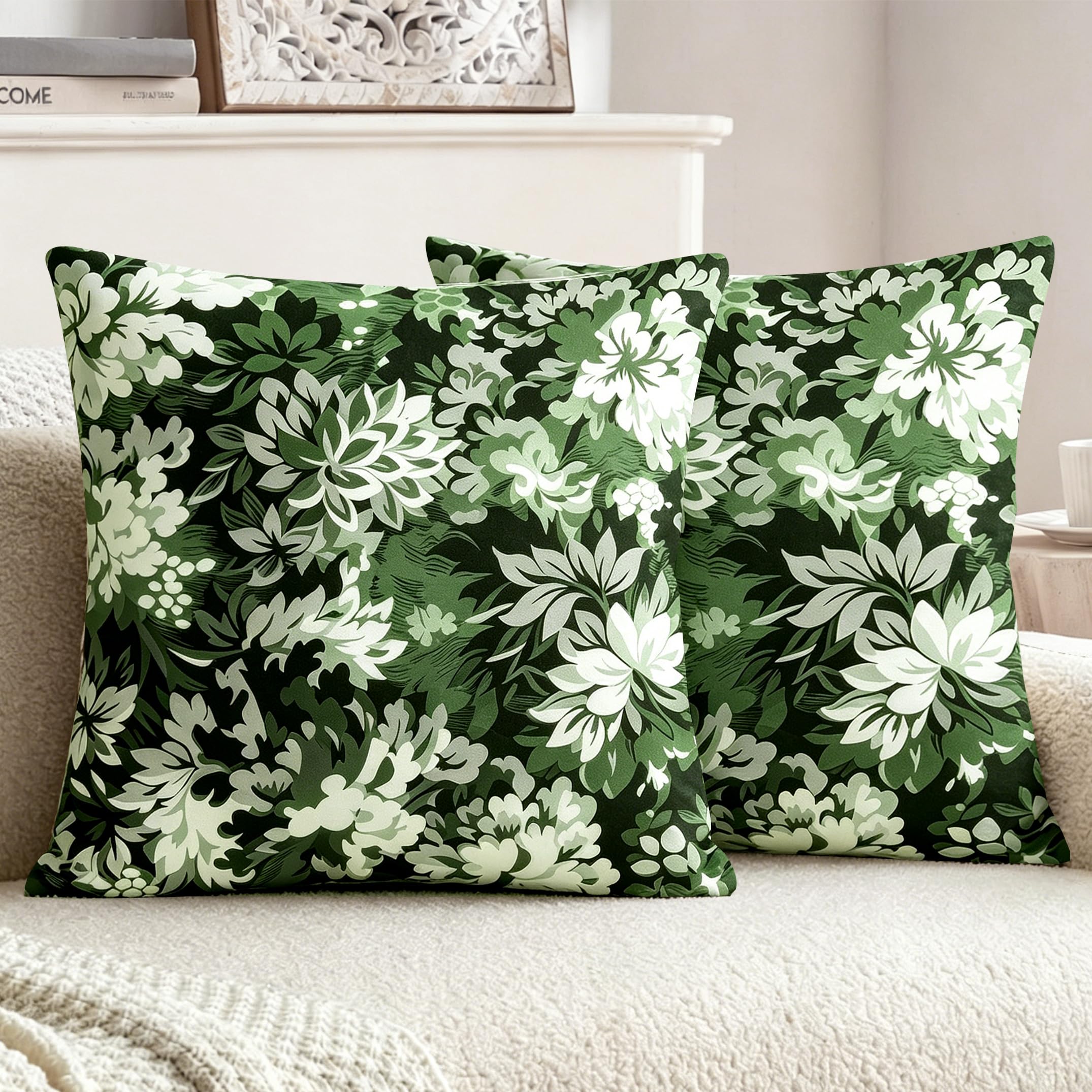 XPHZZL Cushion Covers 50x50 cm Set of 2, Modern Floral Soft Short Plush Pillow Covers with Invisible Zipper, Stylish Artistic Throw Pillow Covers for Sofa Bed Garden Living Room-Dark Moss โ image 1