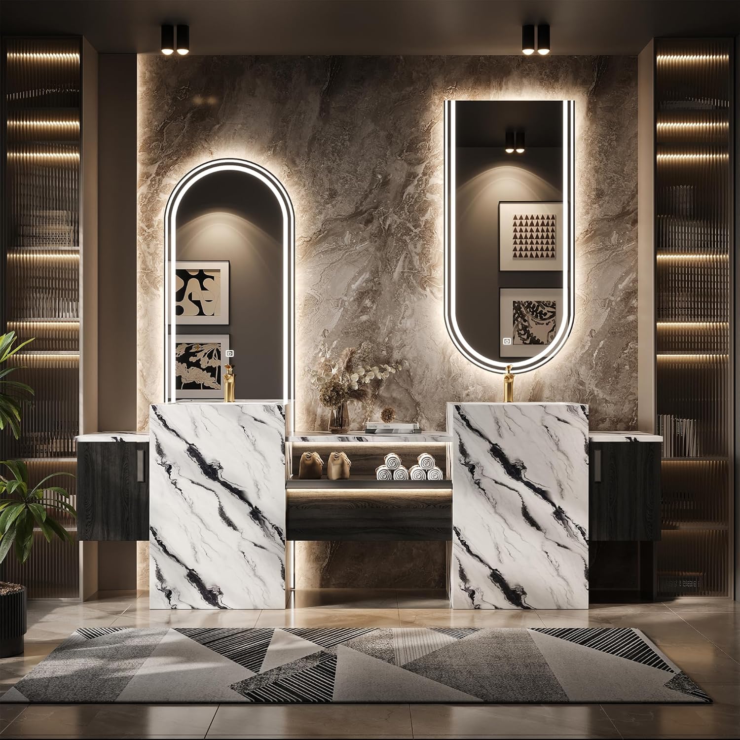 Luxury Bathroom Vanity with Sink and Mirror, Standing Sintered Stone Sinks with Floating Cabinet, LED Lighting&Defogging, Assembled. (80''Double Sink)