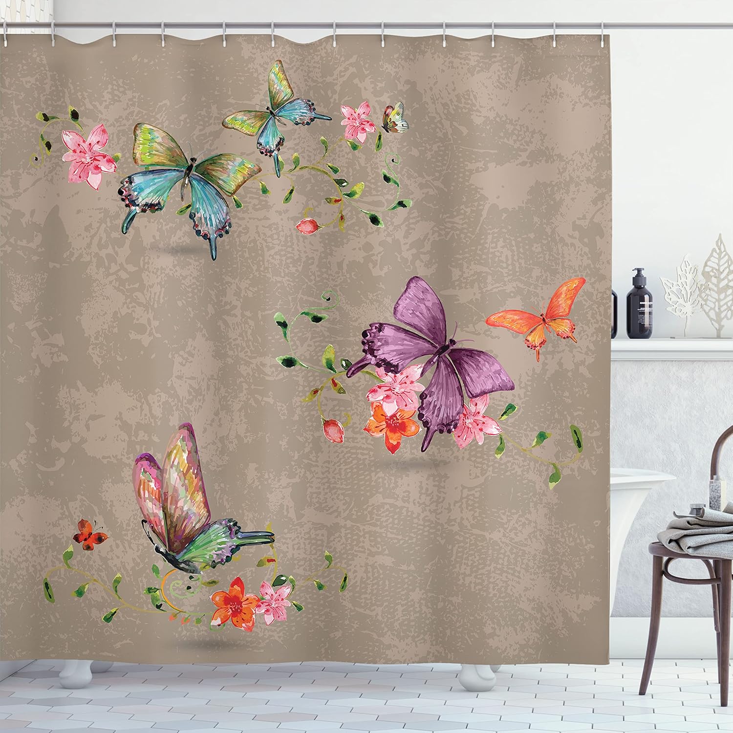 Ambesonne Butterfly Shower Curtain, Springtime Flying Moths on Vintage Style Background Wings Transformation, Cloth Fabric Bathroom Decor Set with Hooks, 69" W x 70" L, Warm Taupe Lilac