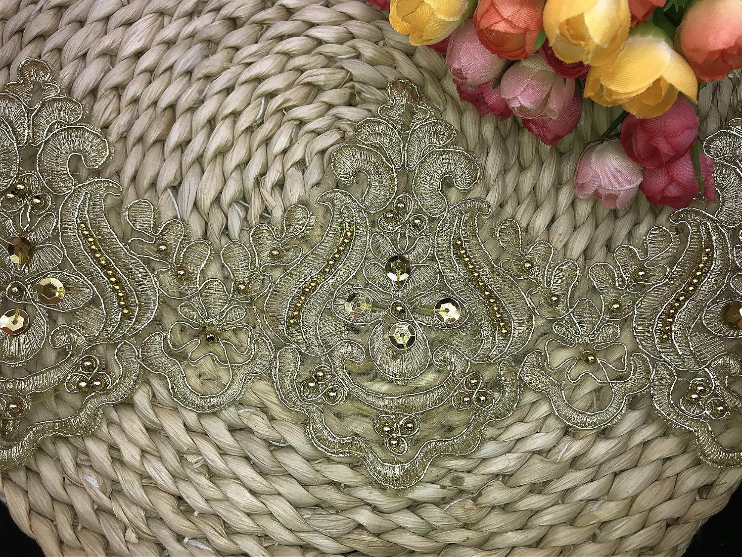 13CM Width Bead Wave Pattern Inelastic Embroidery Lace Trim,Curtain Tablecloth Slipcover Bridal DIY Clothing/Accessories.(3 Yards in one Package) (Gold) image 2