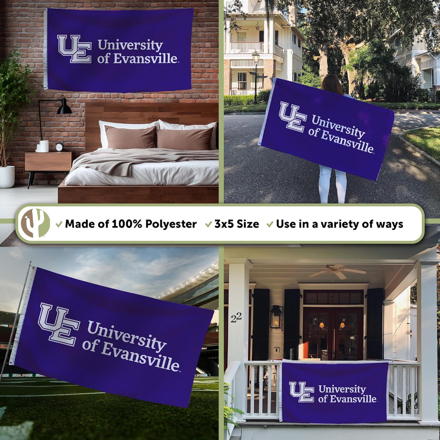 Desert Cactus University of Evansville UE Flag - 3 x 5 Feet Aces Banner, Indoor/Outdoor Durable Fabric, 100% Polyester Design (Style 1)