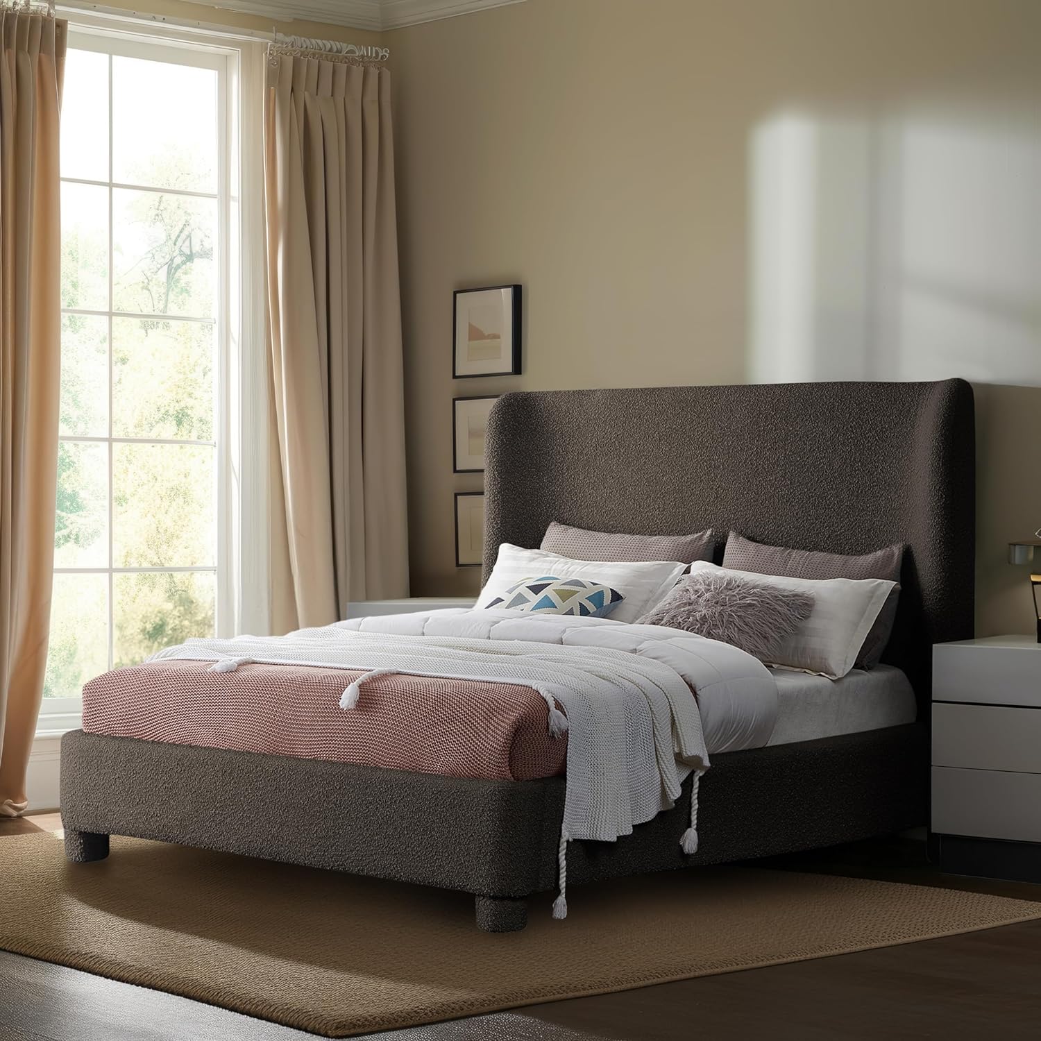 Meridian Furniture B1206Brown-Q Penny Collection Modern | Contemporary Queen Bed with Rich Brown Boucle Fabric, Curved Headboard, 73" W x 88" D x 52" H, Brown, Queen