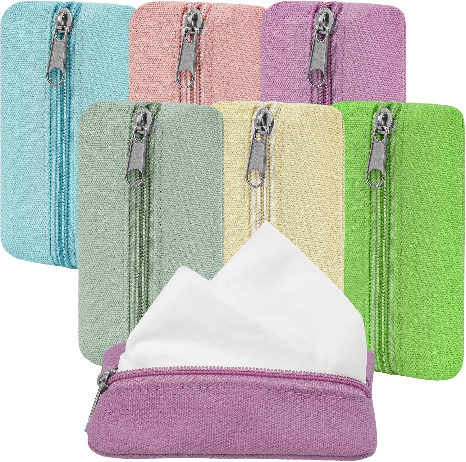 Pocket Tissue Holder, 6 Packs Tissue Holder for Purse, Reusable Travel Tissue Pouch, Fabric Purse Zipper Tissue Packs for Coins Tissue Cards Travel Office, 5.1 x 3.1 Inches