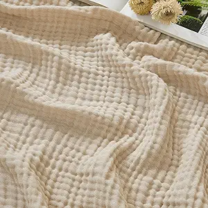 EMME Cotton Muslin Throw Blanket Couch Breathable Gauze Soft Lightweight Bed Blankets Adults (Beige, 50"x60")